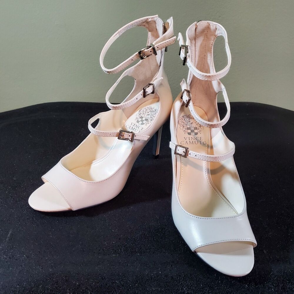 New Vince Camuto Anikah Buckle Strap Peep Toe Stiletto Heel Pump Ivory Size 6.5